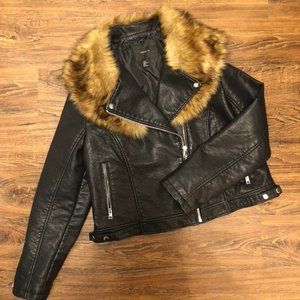 Black Faux Leather Jacket w/removable faux fur